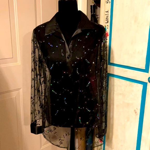 Black Long sleeve sheer blouse with rhinestones - Picture 1 of 3